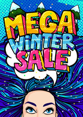 Open mouth and Mega Winter Sale Message in pop art style