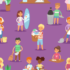 Kids vector cleaning rooms and helping their mums housework cartoon characters clean up illustration colorful set seamless pattern background