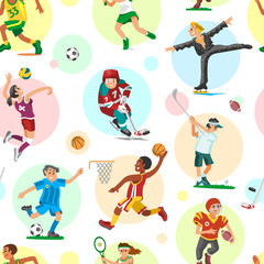 Sport people woman and man flat fitness activities workout athletic sportsmen characters vector illustration seamless pattern background