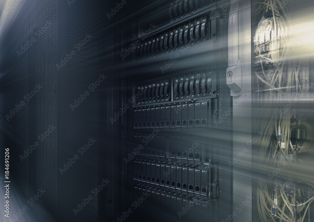 Poster data center with hard drives. big data and speed motion concept