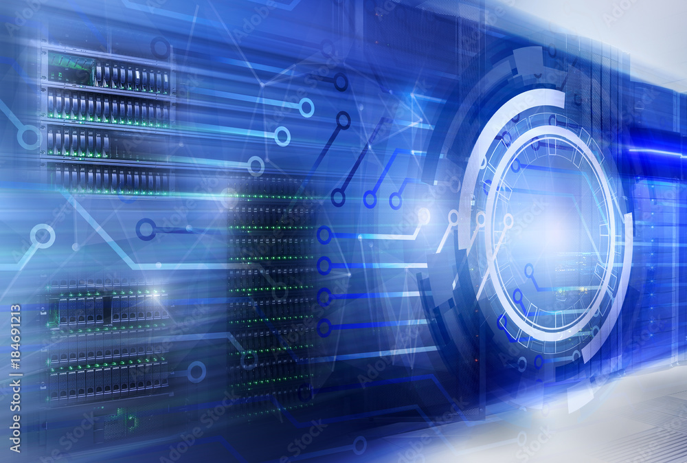 Poster hologram information technology background with contacts circuit board on the background of the serv
