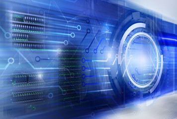 Hologram information technology background with contacts circuit Board on the background of the server room and the patch cord connected to the receivers