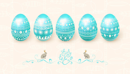 Happy Easter. A set of 3D blue eggs with an ornament on the background of stems and leaves. Lettering, Easter rabbit. Vector