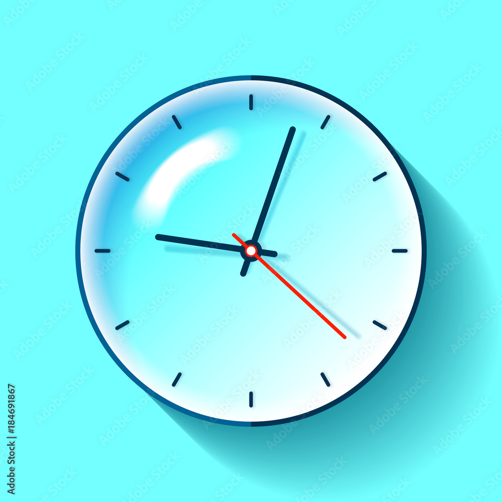 Poster clock icon in flat style, timer on turquoise background. business watch. vector design element for y