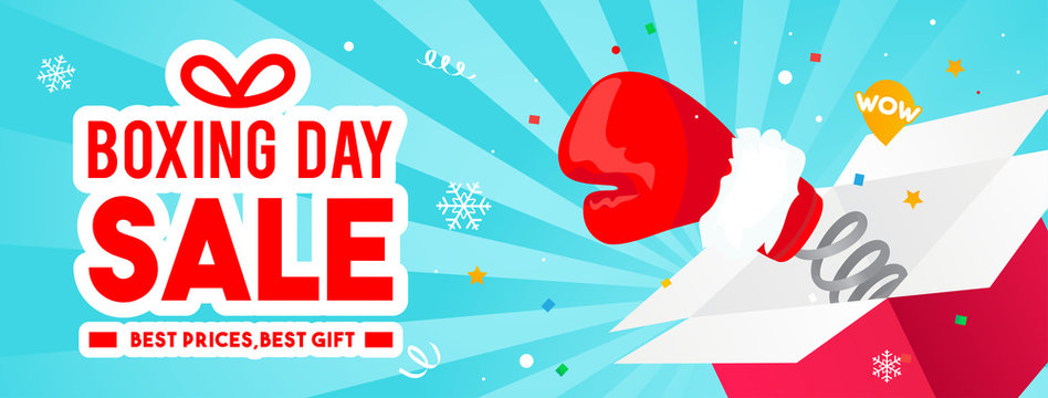 Boxing day Sale vector illustration, Boxing glove coming out of gift box.