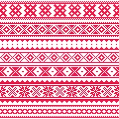 Foto auf Acrylglas Lappland traditionelles rotes Volkskunstdesign, nahtloses Muster des samischen Vektors, skandinavischer, nordischer Hintergrund © redkoala