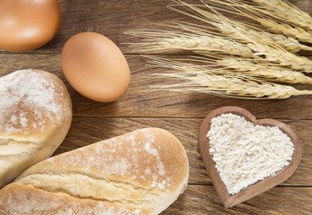 Bread, eggs, flour, wheat spike