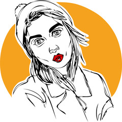 Illustration, young woman in a hat on yellow background.