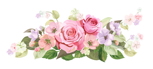 Bouquet of roses, spring blossom. Horizontal border with red, mauve, pink flowers, buds, green leaves on white background. Digital draw illustration in watercolor style, vintage, vector