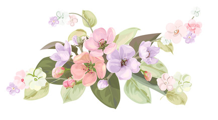 Spring blossom, horizontal border with mauve, pink apple tree flowers. Bouquet light floret, buds, green leaves on white background. Digital draw illustration in watercolor style, vintage, vector