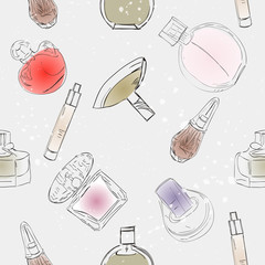 Fashionable seamless pattern with a beautiful perfume, mascara, keys, powder puff, blush. Cosmetics and fashion background
