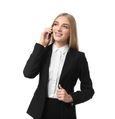 Beautiful businesswoman speaking by mobile phone on white background