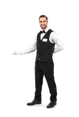 Handsome waiter on white background