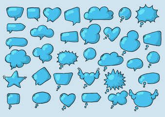 Artistic collection of hand drawn doodle style comic balloon, cloud, heart shaped design elements. Isolated and real pen sketch. Vector Illustration