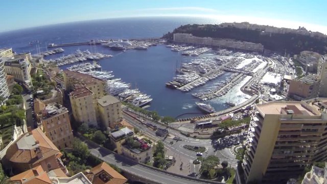 Monaco city town Monte Carlo Drone flight port yahts sea flats