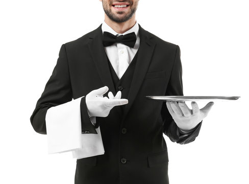 Waiter with metal tray on white background, closeup