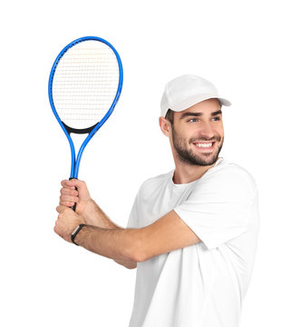 Handsome man with tennis racket on white background