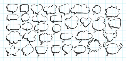 Fototapeta na wymiar Artistic collection of hand drawn doodle style comic balloon, cloud, heart shaped design elements. Isolated and real pen sketch