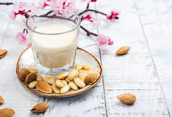 Non dairy vegan almond milk in a tall glass