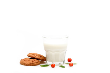 Oatmeal biscuits and milk set decorated with leaves and cranberries