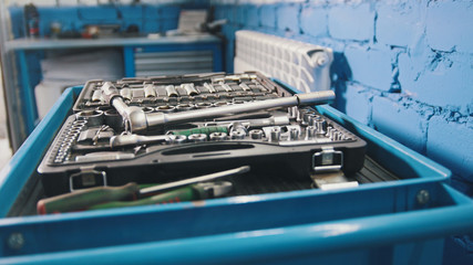 A set of tools for repair - screwdriver, wrenches - car workshop