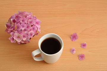 A pink Hydrangea with a white mug