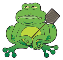 Cartoon frog is patiently waiting with fly swatter for his prey to appear