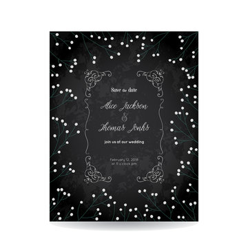 Save the date card with gypsophila on chalkboard background. Vintage vector illustration