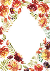 Vintage Card, Watercolor wedding invitation design with red peony, leaves. Flower background with floral elements for text, watercolor background. Template. Wreath, round frame.