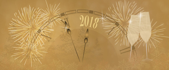 Happy New Year. Two glasses with big retro clock and fireworks in golden colors.