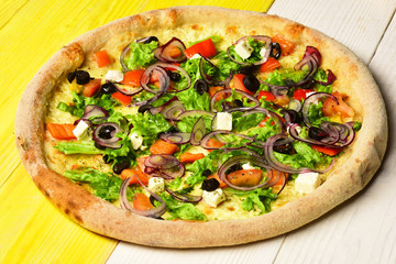 Italian cuisine and food delivery concept. Pizza with tomatoes