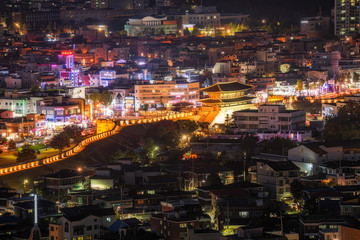 Hwaseong Fortress and Suwon city at night, South Korea.