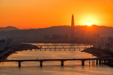 Morning sunrise in Seoul and views of the Han River in South Korea.