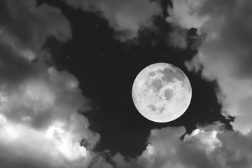 Dramatic atmosphere panorama view of beautiful full moon and clouds on night sky background in Black and white.Image of moon furnished by NASA.