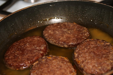 Fried beef cutlets in a frying pan