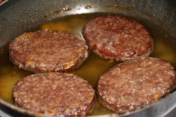 Fried beef cutlets in a frying pan