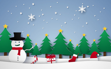 Merry Christmas and Happy New Year, winter landscape with snowman and ornaments , xmas background, paper art style.