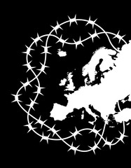 Europe as protected area by barbed wire - european policy of isolationism, ban to enter and protection of borders. Vector illustration of map and barrier