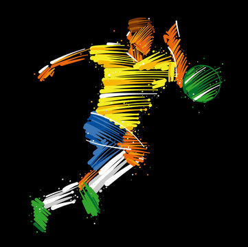 Soccer player running behind the ball made of colorful brushstrokes on dark background
