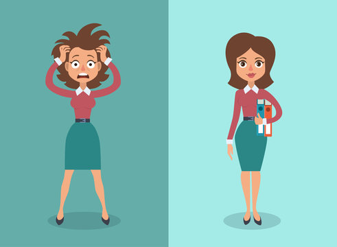 Vector illustration of cute cartoon brunette businesswoman in stress and calm states.