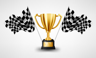 Realistic Golden Trophy with Checkered flag racing championship background, Vector Illustration