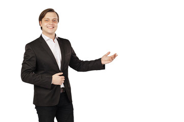 Businessman in a business suit, with an outstretched hand. Isolated on a white background