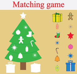 Matching educational game for children. Stickers game with New Year, Christmas tree