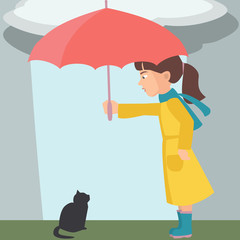 little girl with umbrella and kitten vector