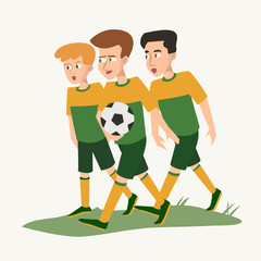 three teenagers with ball in the form of soccer players
