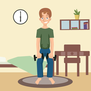 male character exercises with dumbbells at home vector