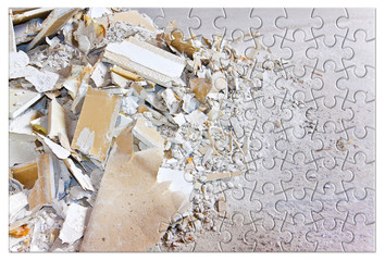 Plasterboard products recycling - Concept image with demolished plasterboard wall in jigsaw puzzle shape