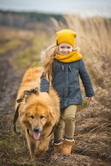 The walk of a child with a dog in an autumn wheat field 9778.