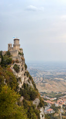 Fototapeta premium San marino, San Marino - July 10, 2017: Panoramic View of a castle tower.