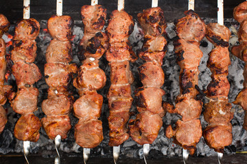Meat roasted on fire barbecue kebabs on the grill
